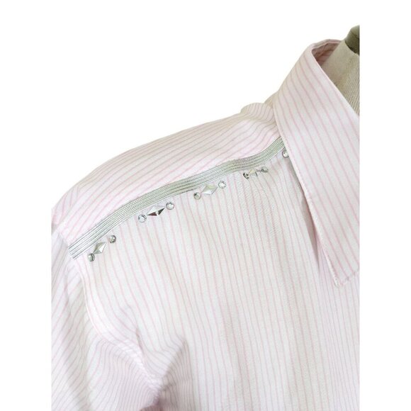 Las Olas Womens Button Up Shirt Size Med Long Sleeve Pink Striped Embroidered - Picture 7 of 11